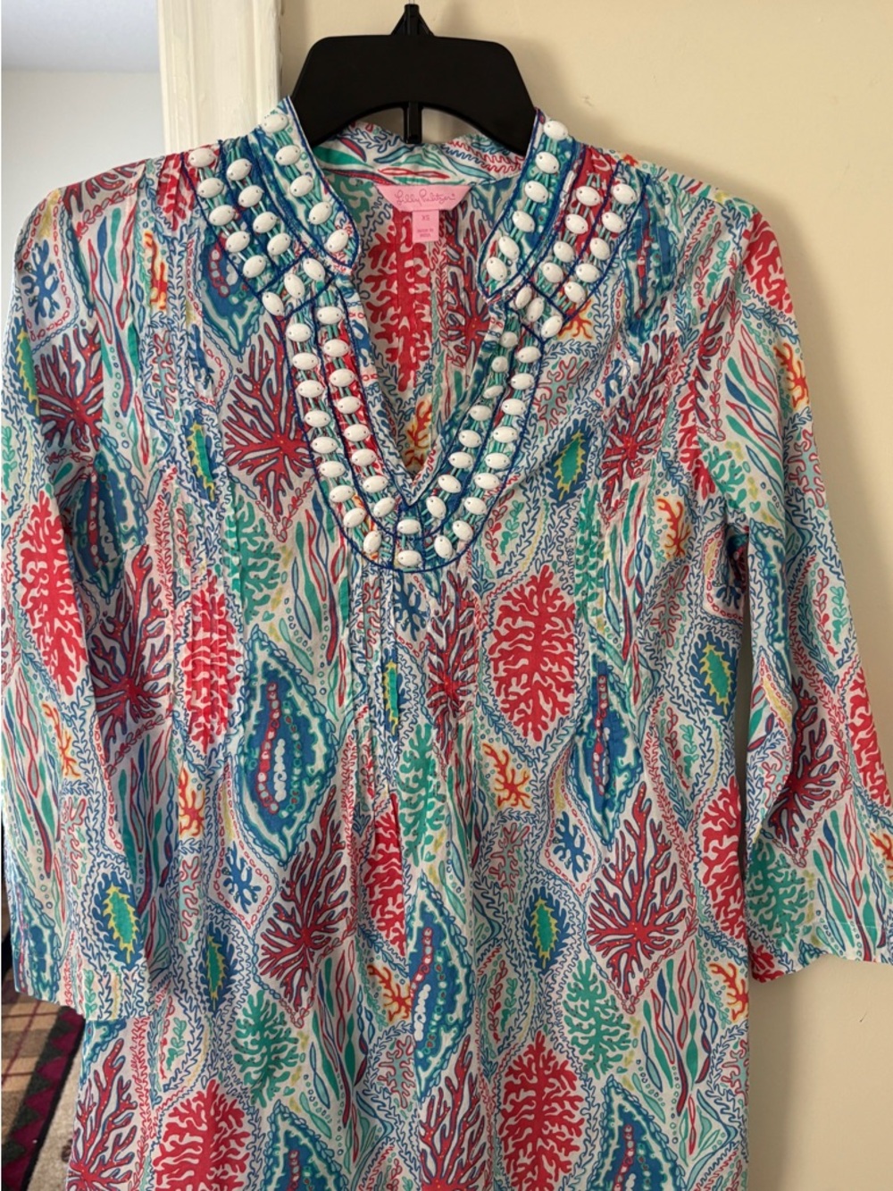Lilly Pulitzer Coral Blue Green Shell-Embellished V-Neck Tunic